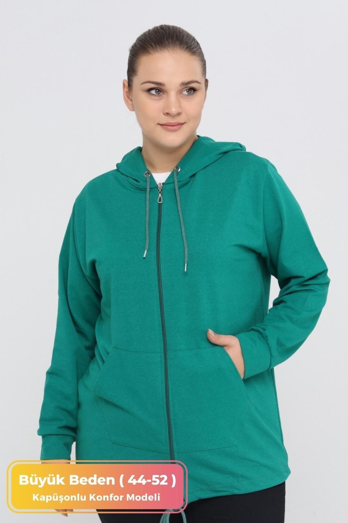 tarzımsüper Kadın Büyük Beden Kapüşonlu Fermuarlı Model 2 Cepli Uzun Yeşil Spor & Günlük Sweatshirt Yeşil