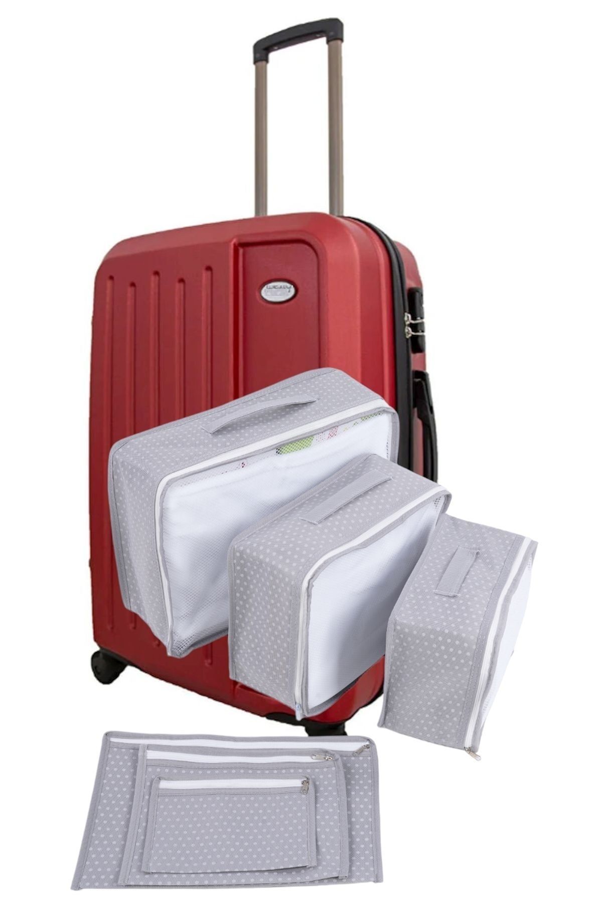 Helen's Home 6'lı Valiz Düzenleyici Fileli Set - Gri Benekli Bavul Içi Organizer Set Seyahat Hurcu Puantiyeli