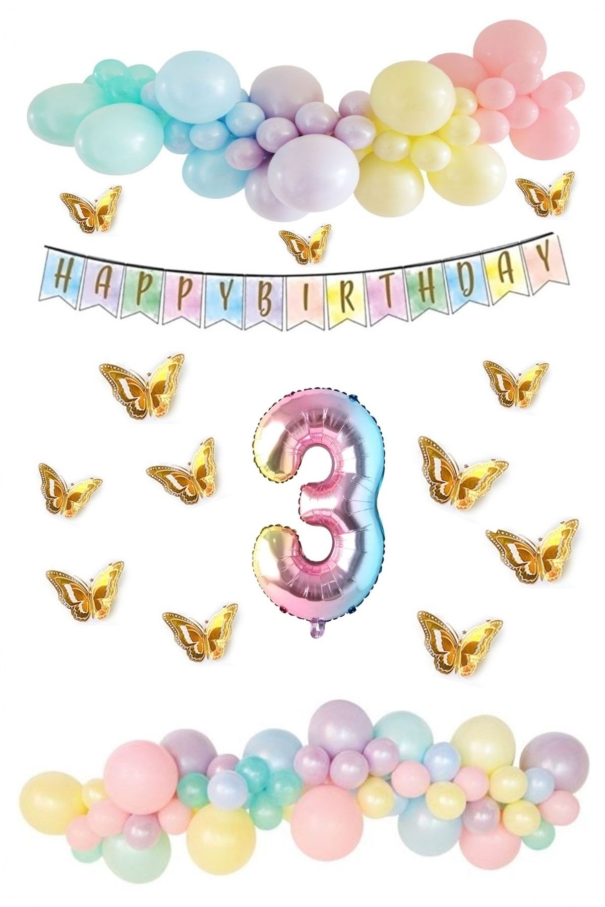 BİDOLUMUTLULUK Kelebek Desenli Makaron Balon Doğum Günü Seti