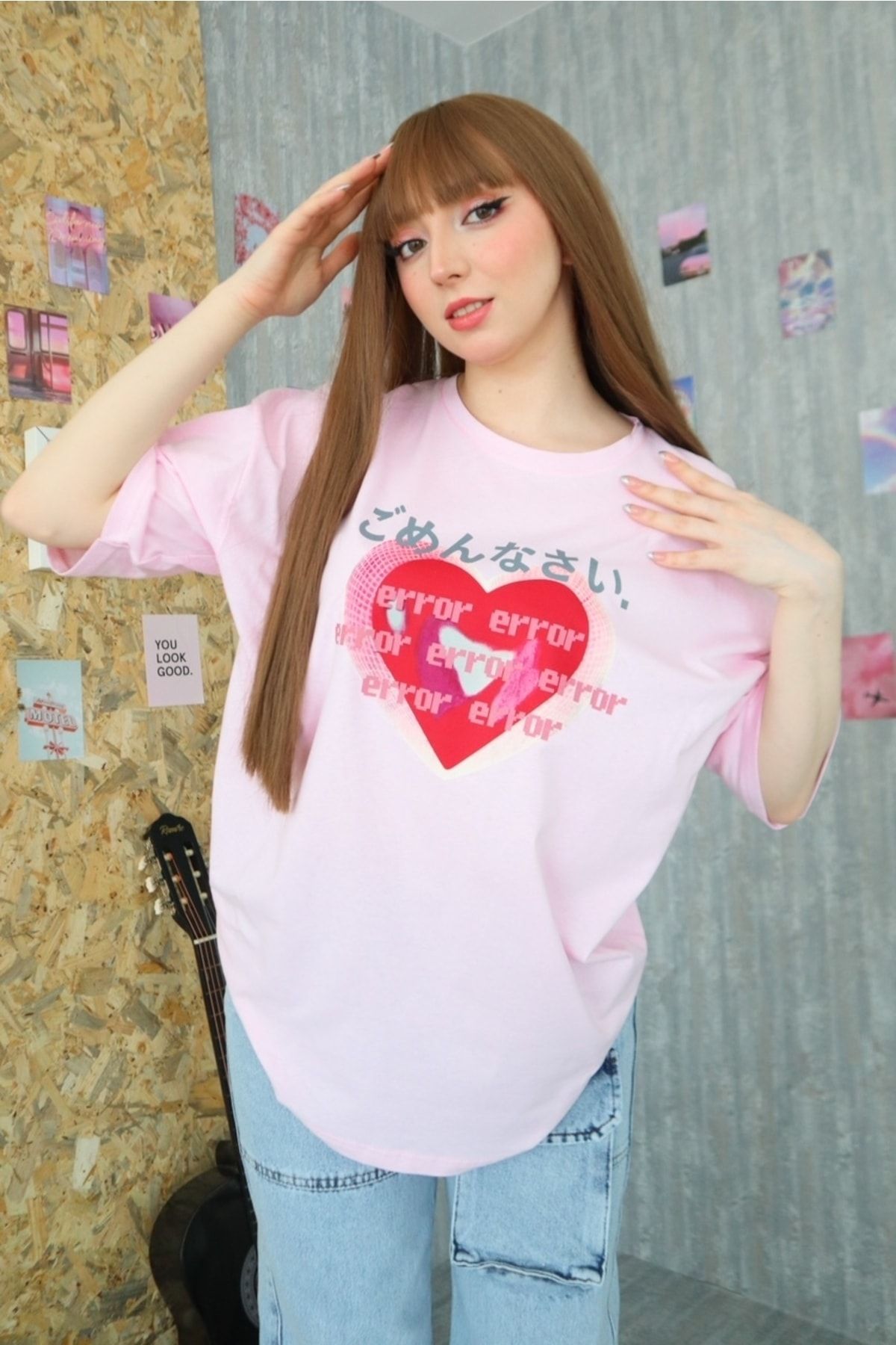 Ef Butik Pembe Unisex Çince Yazılı Error Kalp T-shirt