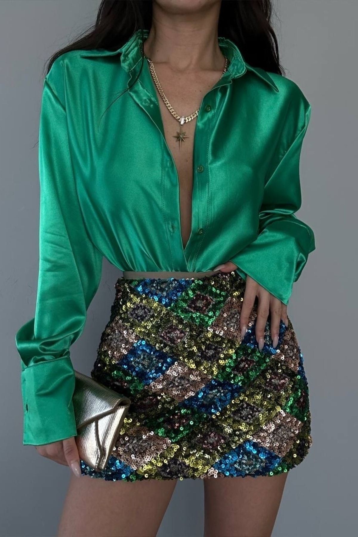 Eka Kadın Yeşil Oversize Saten Gömlek 0999-0002