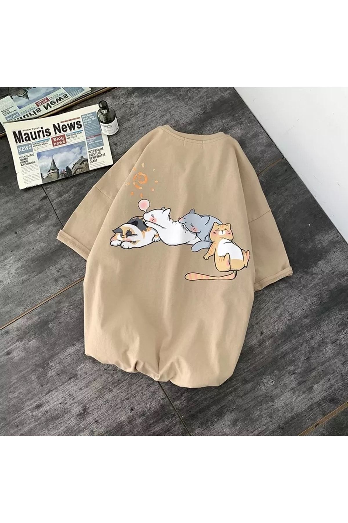 Köstebek Harajuku Kawaii Lazy Cats Sırt Baskılı Unisex Tişört