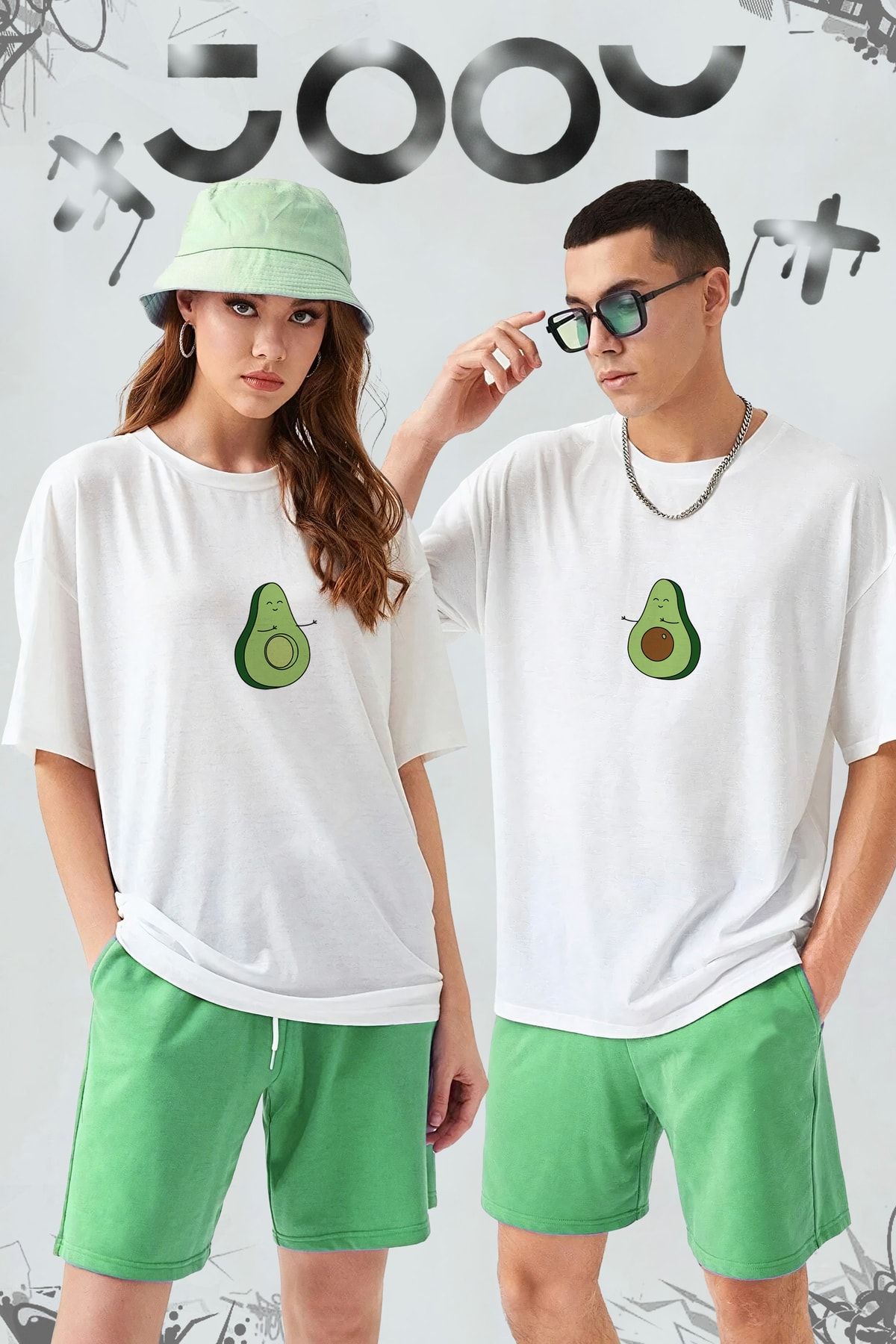 Jooy Company Avokado Tasarım Sevgili Çift Kombini Beyaz Oversize Tshirt 2'li Set