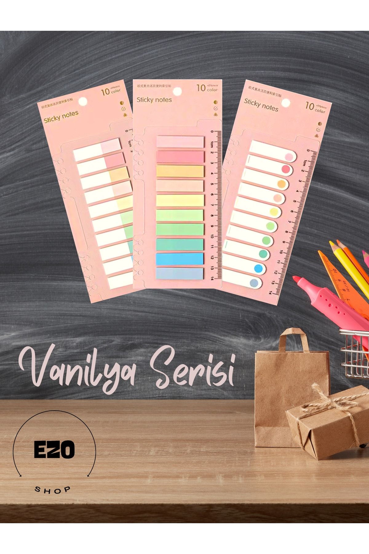 EZOSHOP 3'lü Set Post It Sticky Notes Şeffaf Renkli Yapışkan Not Kağıtları Defter Yer Imleri Vanilya Serisi