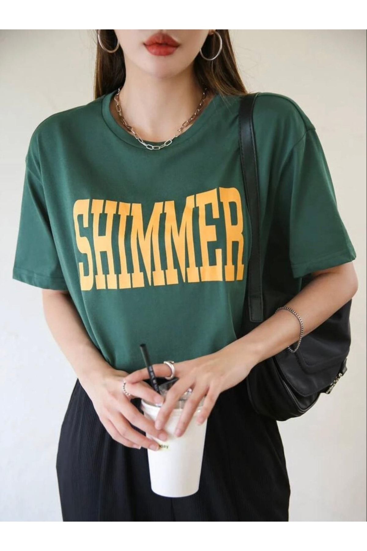 AFROGİYİM Kadın Shimmer Baskılı Oversize T-shirt