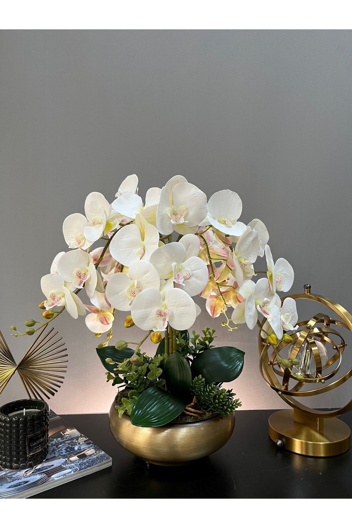 LİLOTEHOME Yapay Orkide 5 Dal Luxury Islak Beyaz Ufo Model Parlak Eskitme Mat Gold Renk Saksı