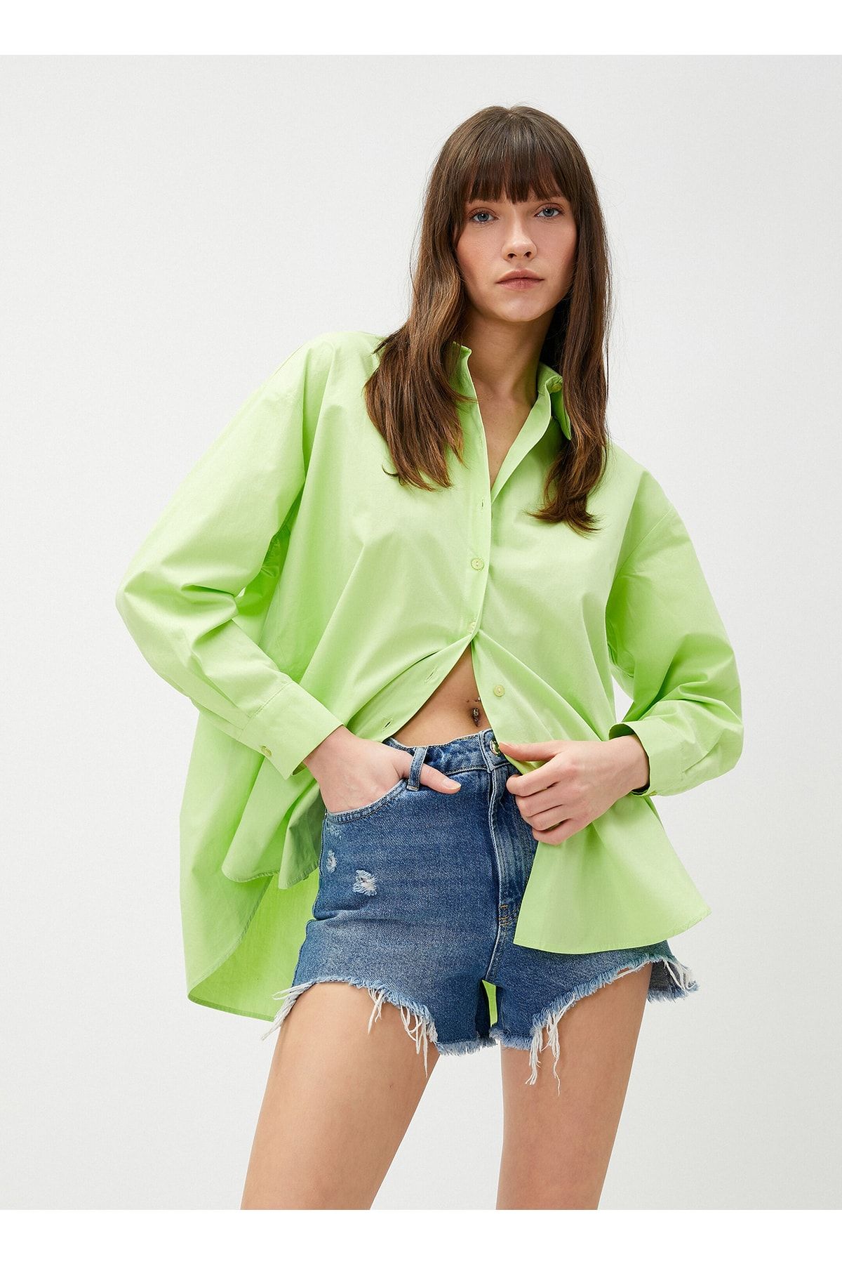 Koton Gömlek Yaka Düz Yeşil Kadın Gömlek 3sak60011pw