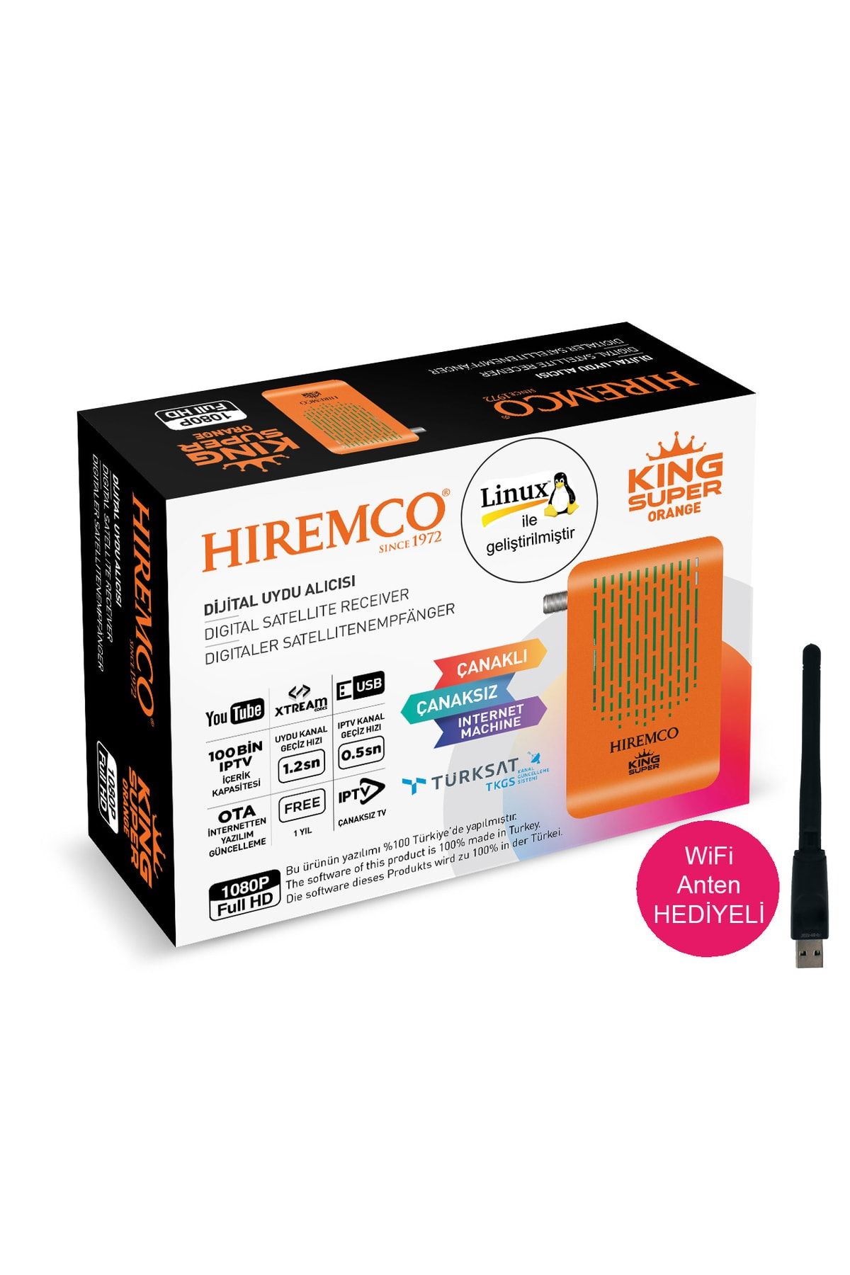 Hiremco Süper King Hd Orange Uydu Alıcısı ( Linux / Dolby Digital ) + Wifi Antenli