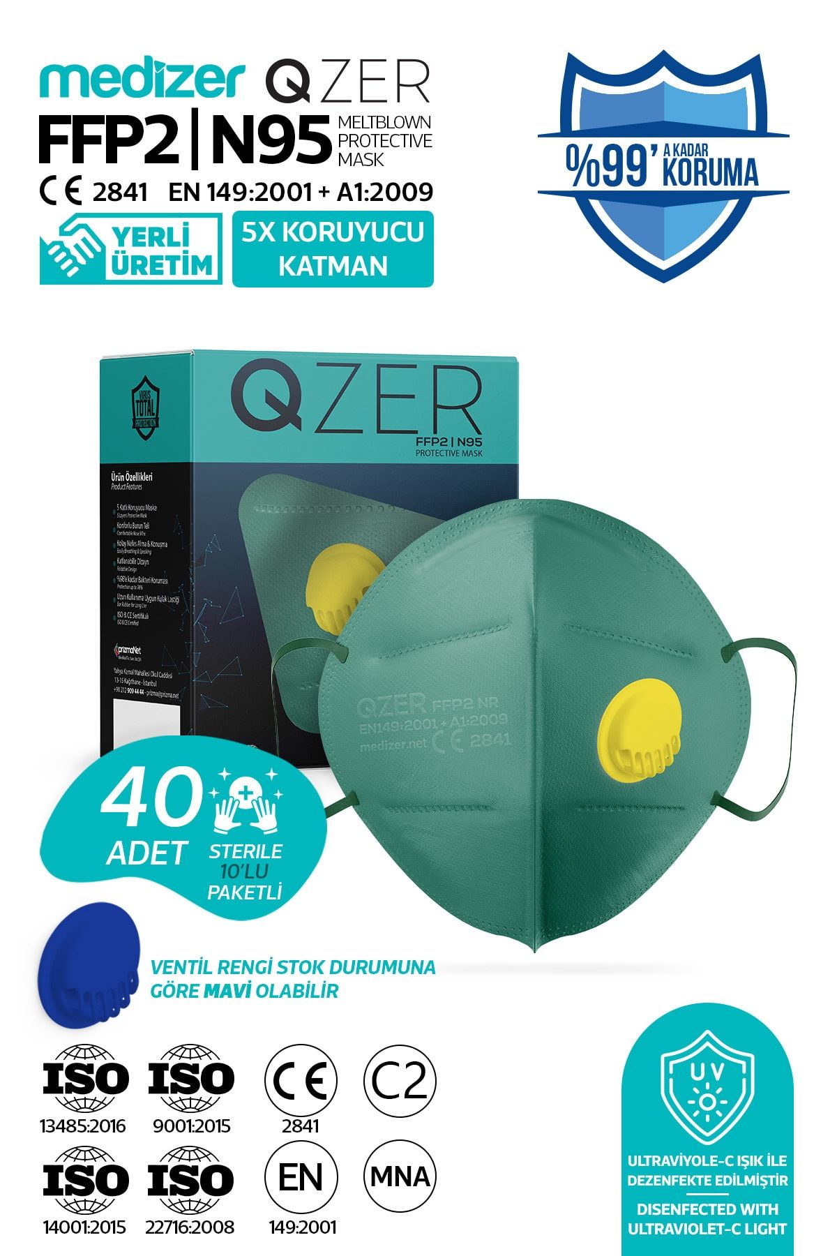 Medizer Qzer Yeşil 5 Katlı Ventilli Ffp2 Nr N95 Maske 40 Adet