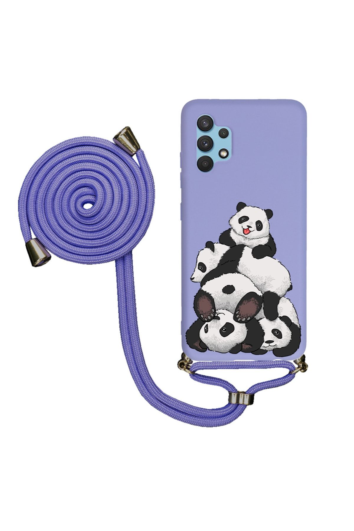 Wolf Dizayn Samsung A32 Ipli Lansman Kılıf - Cute Pandas - Lila