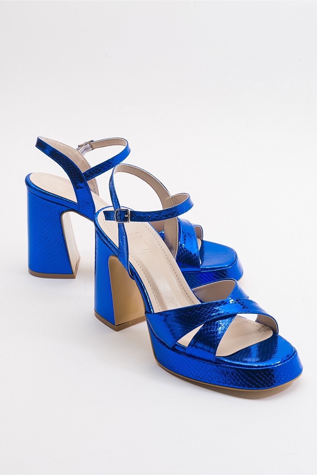 luvishoes Lello Sax Mavi Desenli Kadın Topuklu Ayakkabı