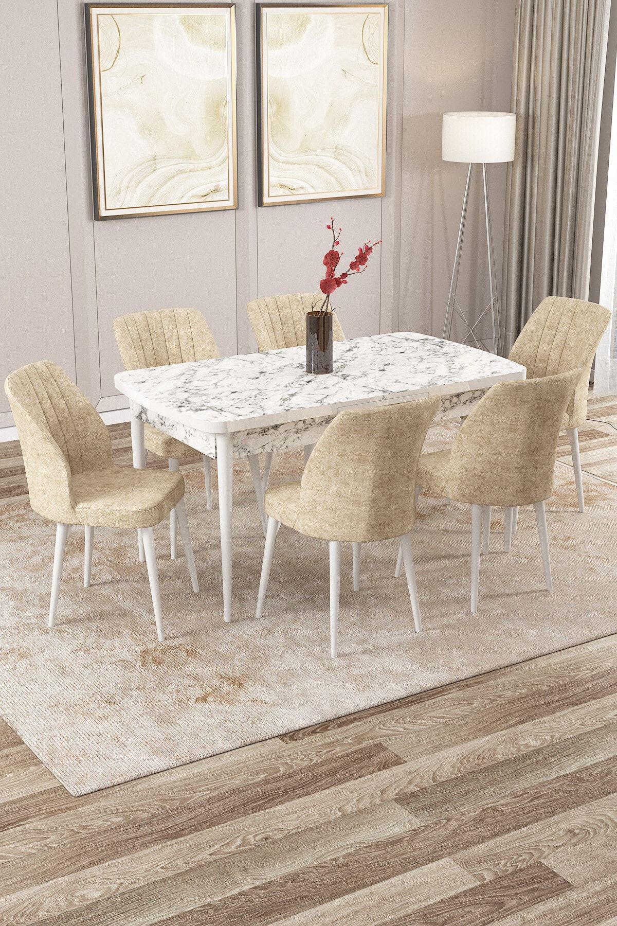 Rovena Zeta Beyaz Mermer Desen 80x132 Mdf Açılabilir Mutfak Masası Takımı 6 Adet Sandalye