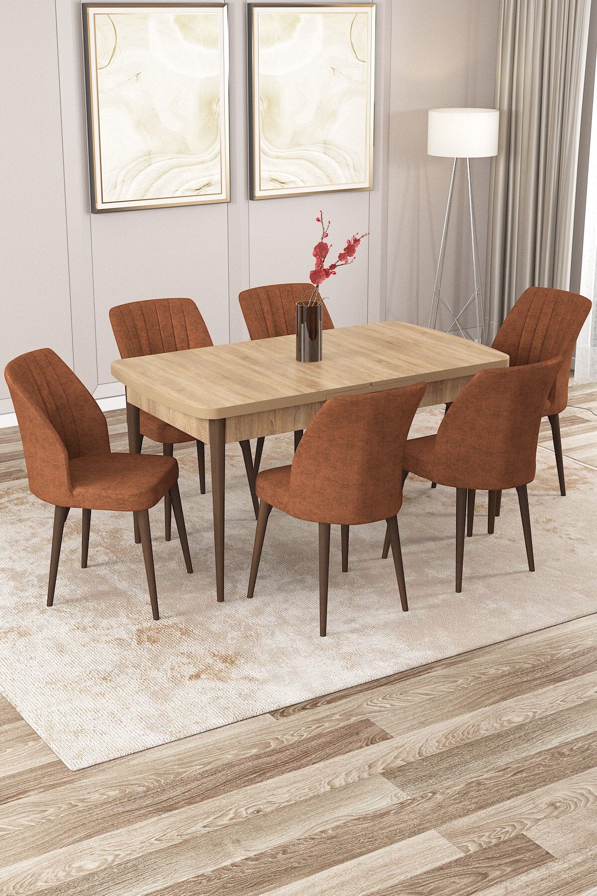Rovena Zeta Meşe Desen 80x132 Mdf Açılabilir Mutfak Masası Takımı 6 Adet Sandalye