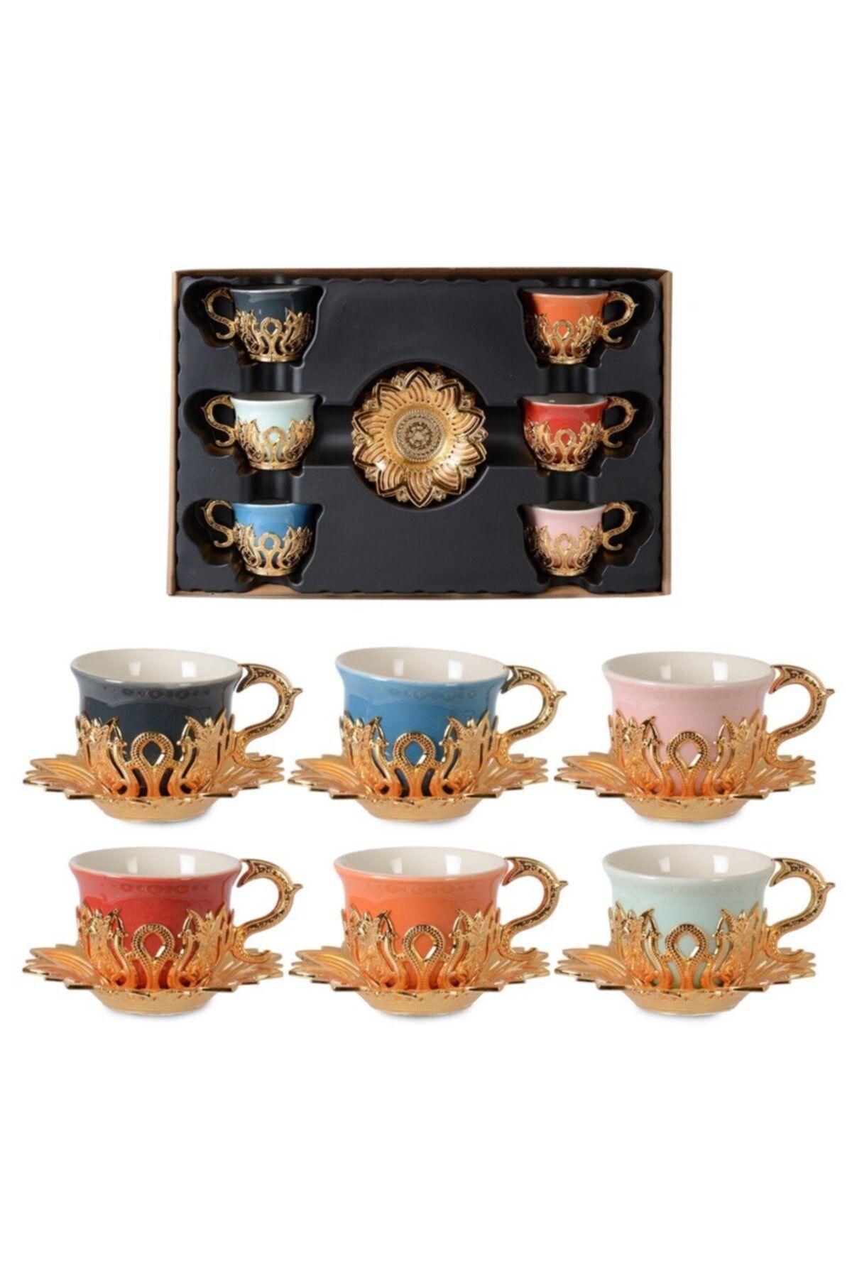 İpek Porselen Ahsen Tiryaki 6 Kişilik Renkli Kahve Fincan Takımı Altın