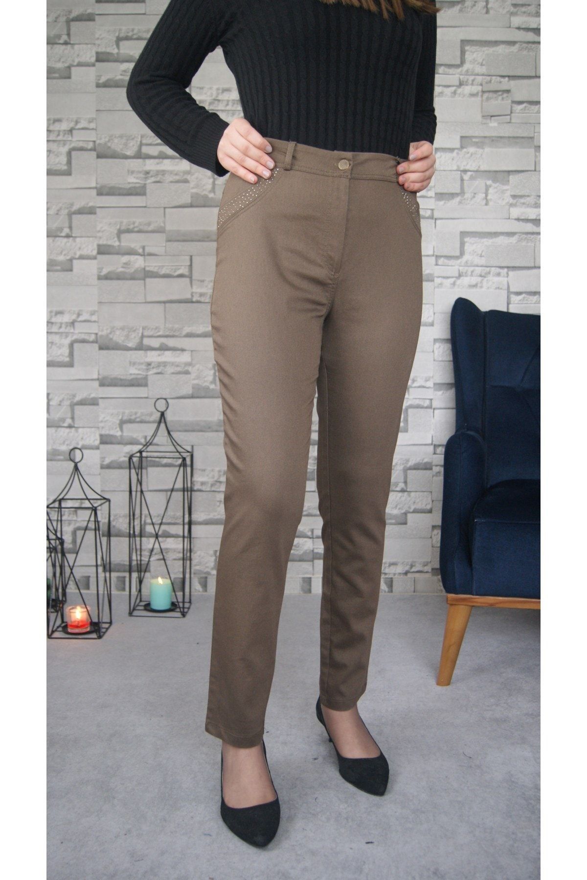 Zena Moda Kadın Kahverengi Cep Taş Detaylı Likralı Pantolon