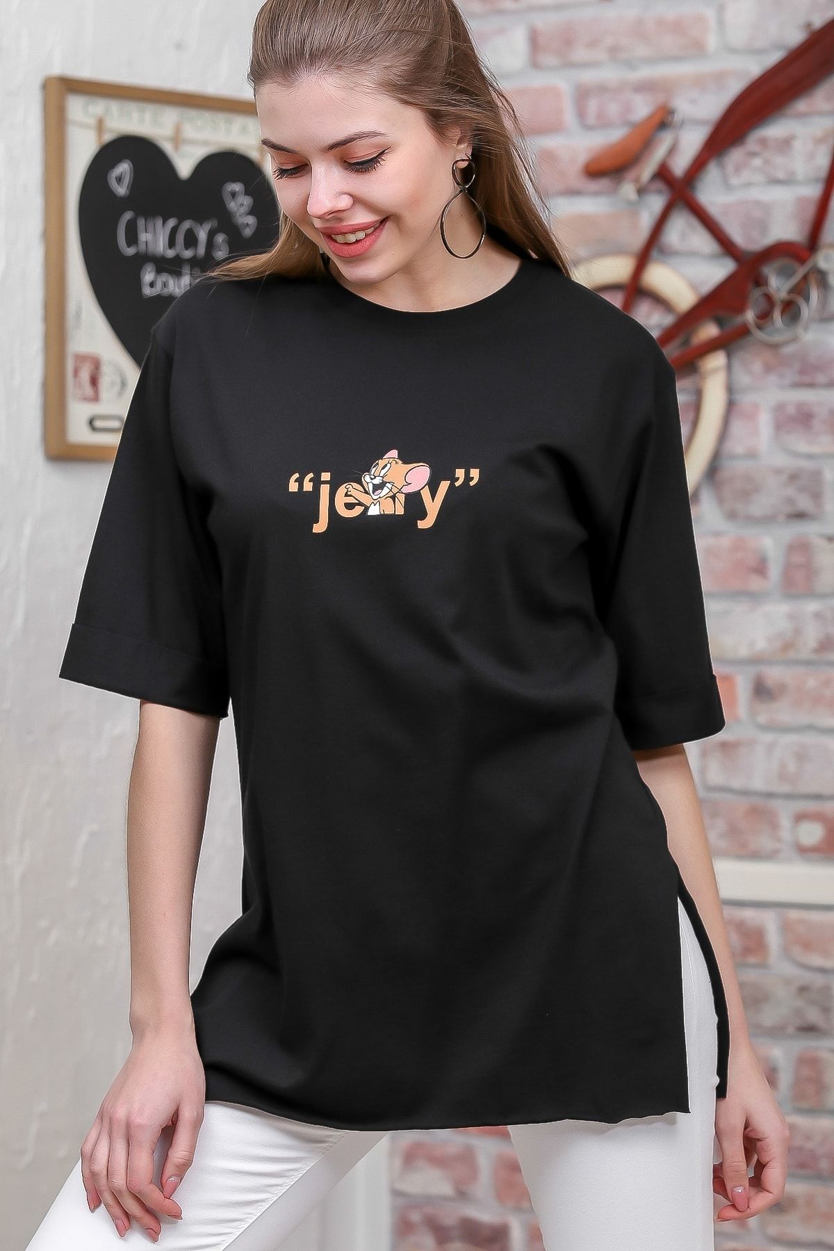 Chiccy Kadın Siyah Çizgi Karakter Ön Ve Arka Baskılı T-Shirt M10010300TS98341