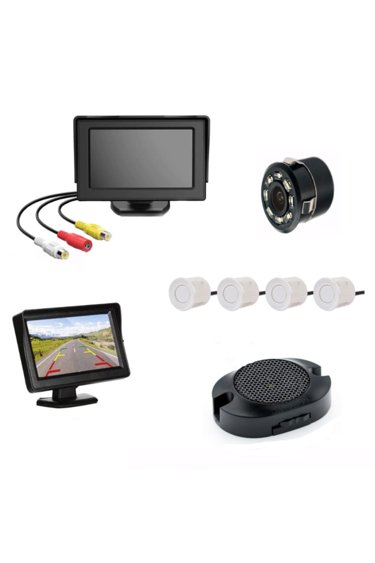GPR AUTO PARTS Kameralı Park Sensörü 4.3' Komple +4 Adet Sensör Beyaz