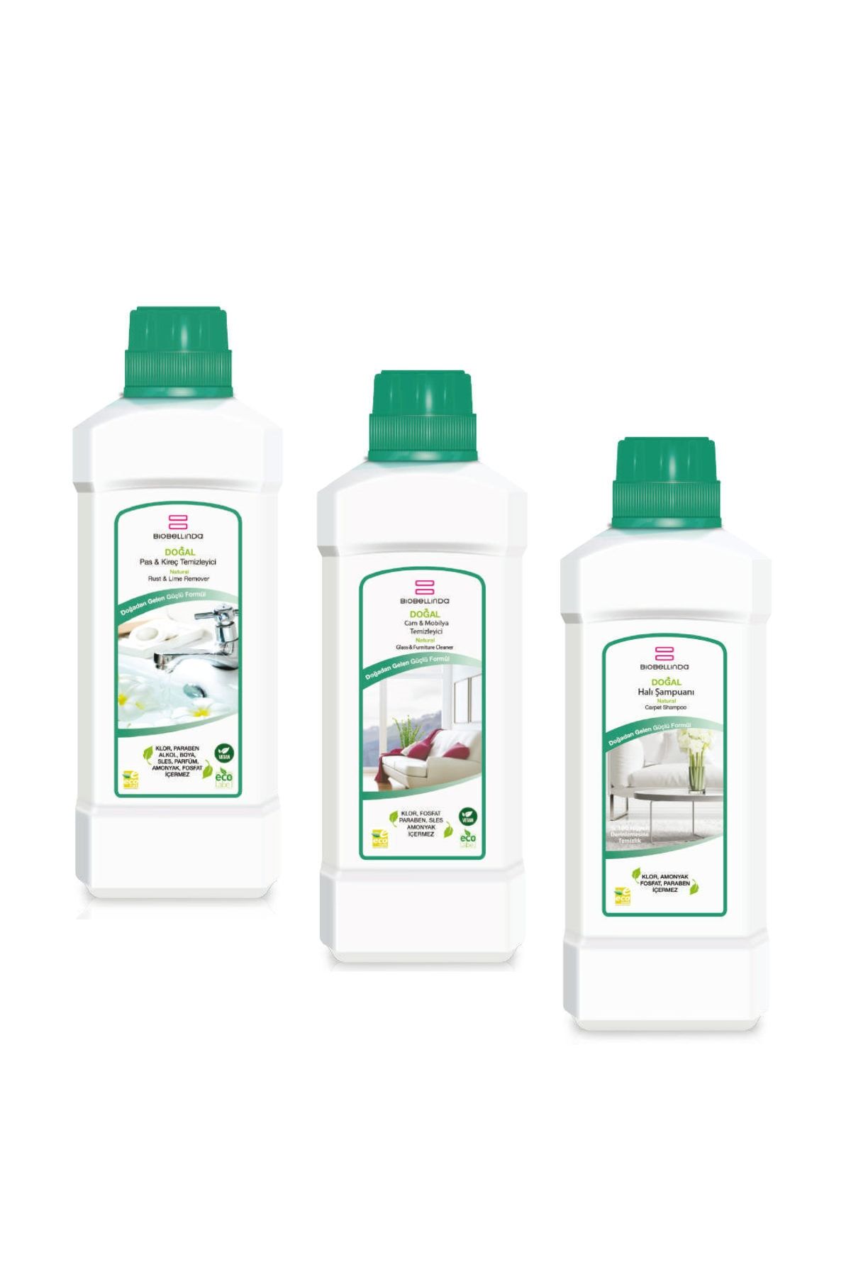 BioBellinda Pas & Kireç Temizleyici + Cam & Mobilya Temizleyici + Halı Şampuanı