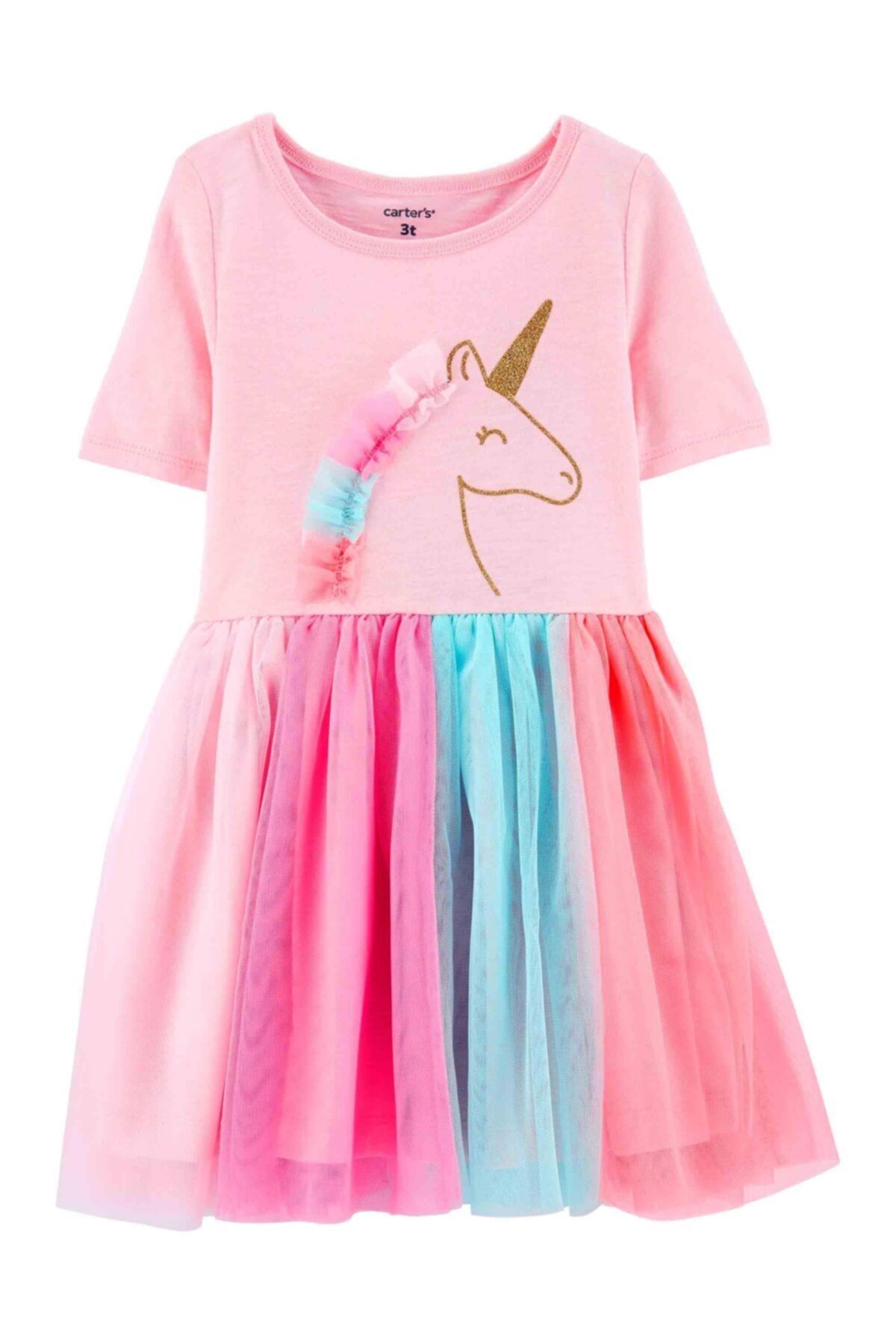 Carter's Kız Çocuk Unicorn Baskılı Kısa Kollu Elbise Pembe