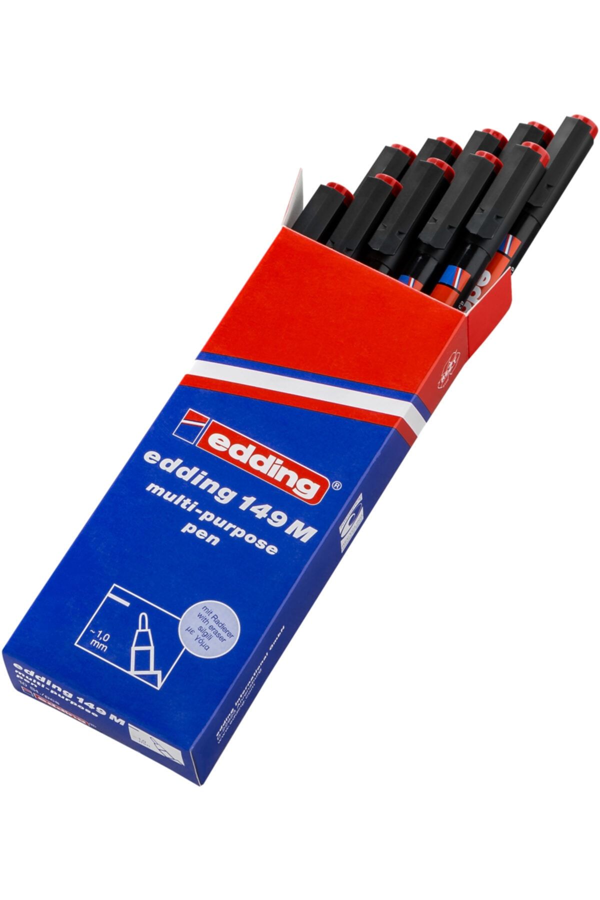 Edding 149 M Çok Amaçlı Asetat Kalemi - Permanent Kalem Silgili 1.0mm Kırmızı (10 Lu Paket)