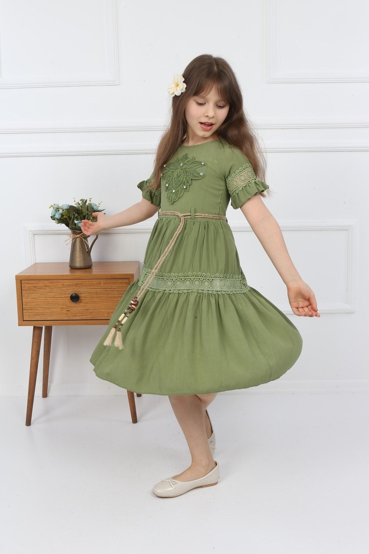 Genel Markalar Kız Çocuk Yeşil Kol Etek Dantelli Elbise