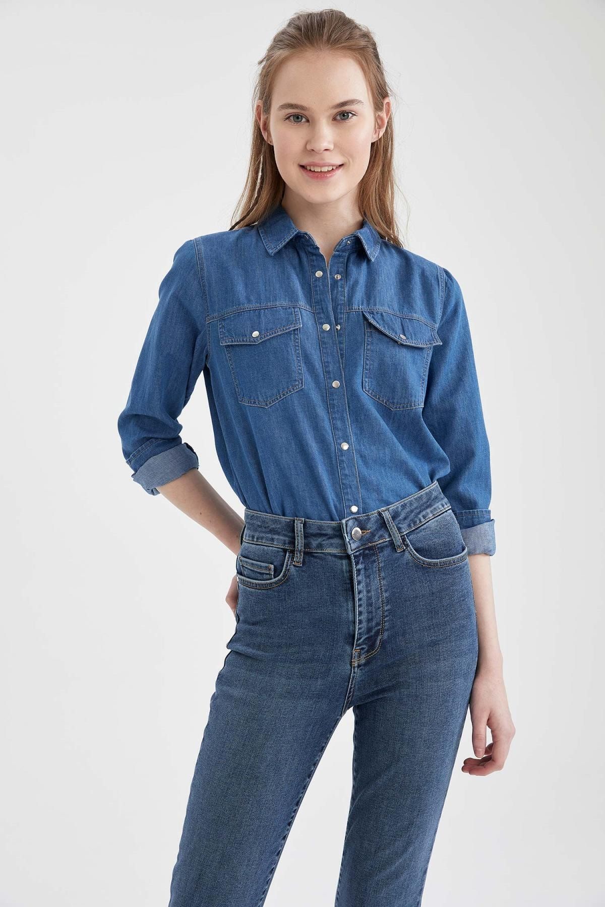 Defacto Kadın Mavi Uzun Kollu 2 Cepli Jean Gömlek