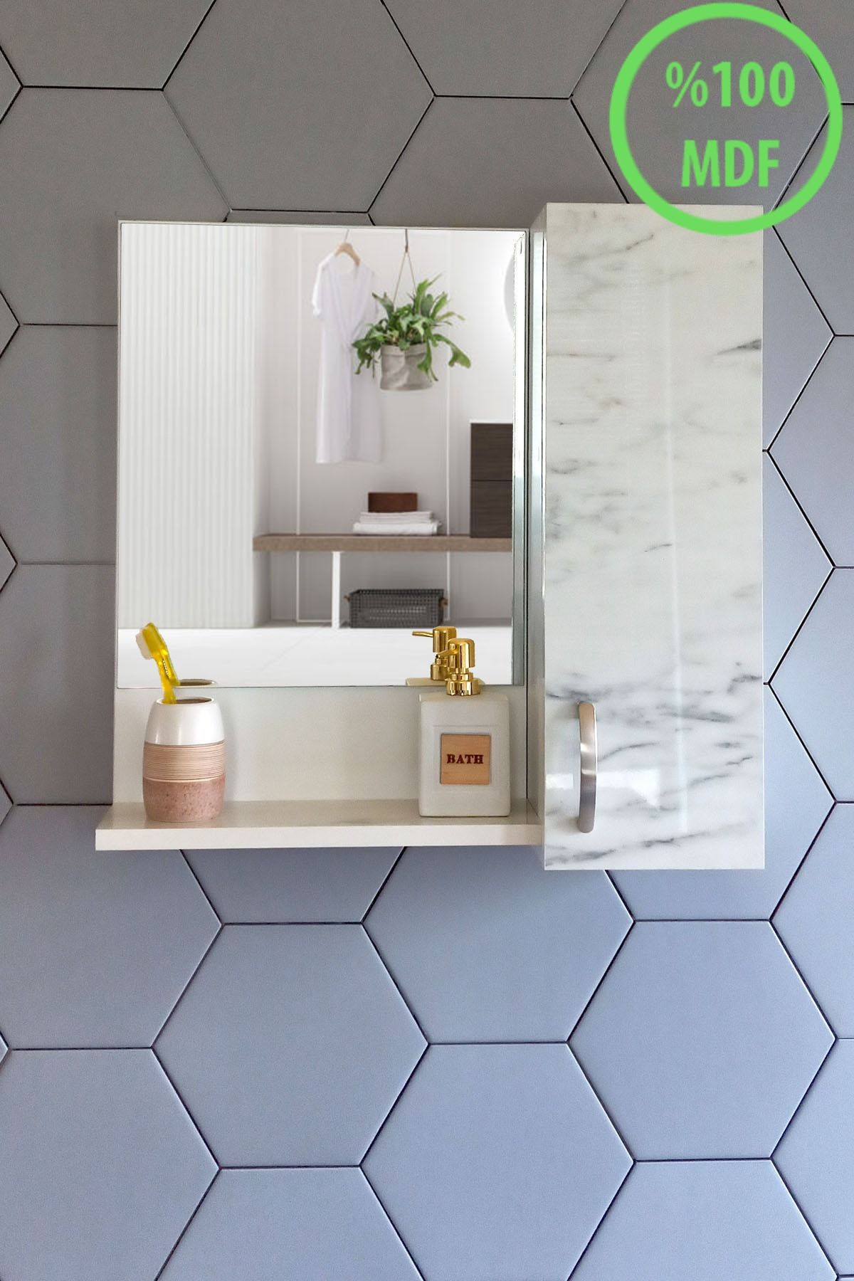 Nurcelant Aynalı Raflı Banyo Dolabı 60 Cm Mdf Üst Modül Marmo Mermer Desenli
