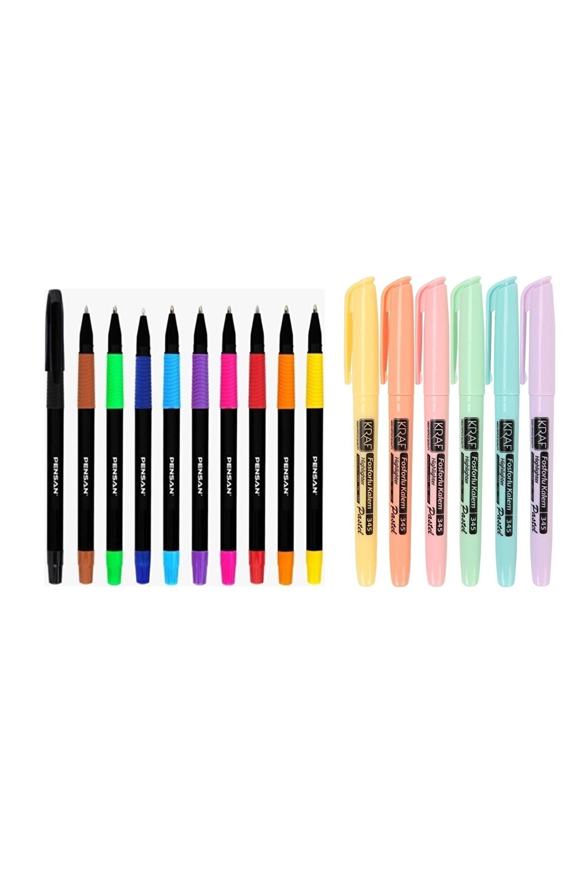 KRAF 6'lı Pastel Fosforlu Kalem + Pensan 10 Renk Tükenmez Kalem Seti
