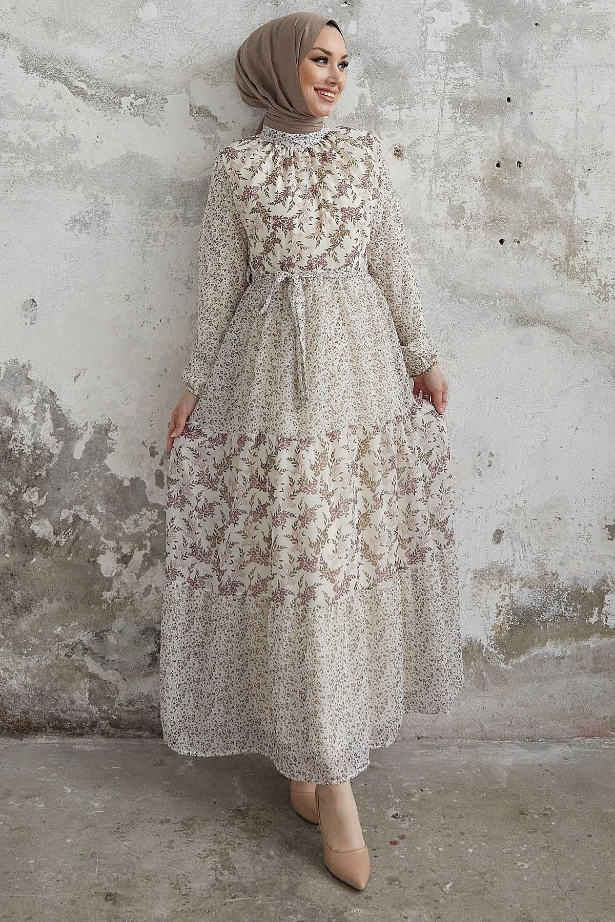 InStyle Nessa Çiçekli Kuşaklı Şifon Elbise - Pudra