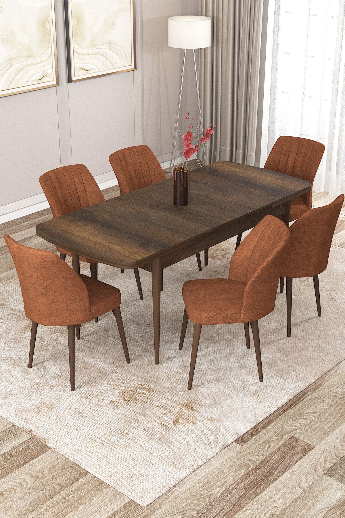 Rovena Zeta Barok Desen 80x132 Mdf Açılabilir Mutfak Masası Takımı 6 Adet Sandalye