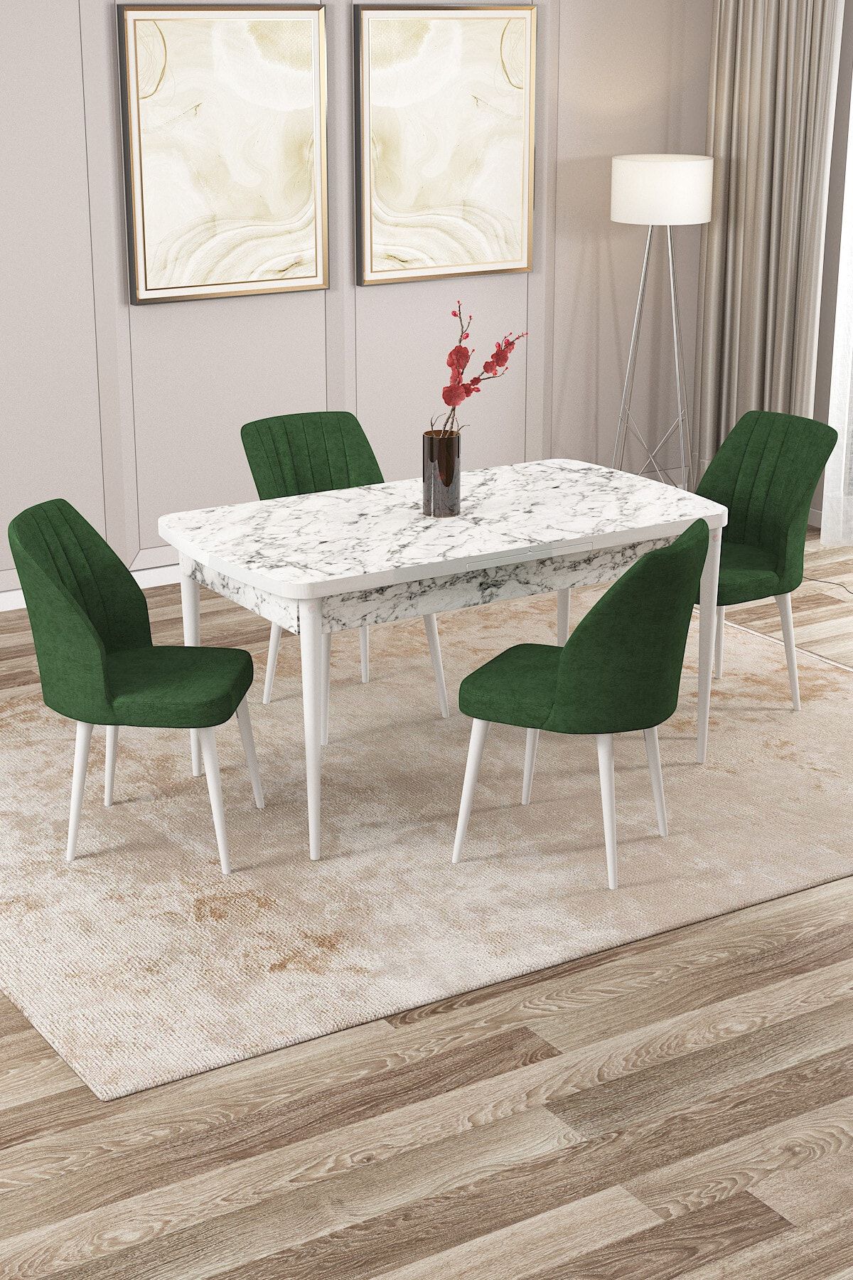 Rovena Zeta Beyaz Mermer Desen 80x132 Mdf Açılabilir Mutfak Masası Takımı 4 Adet Sandalye