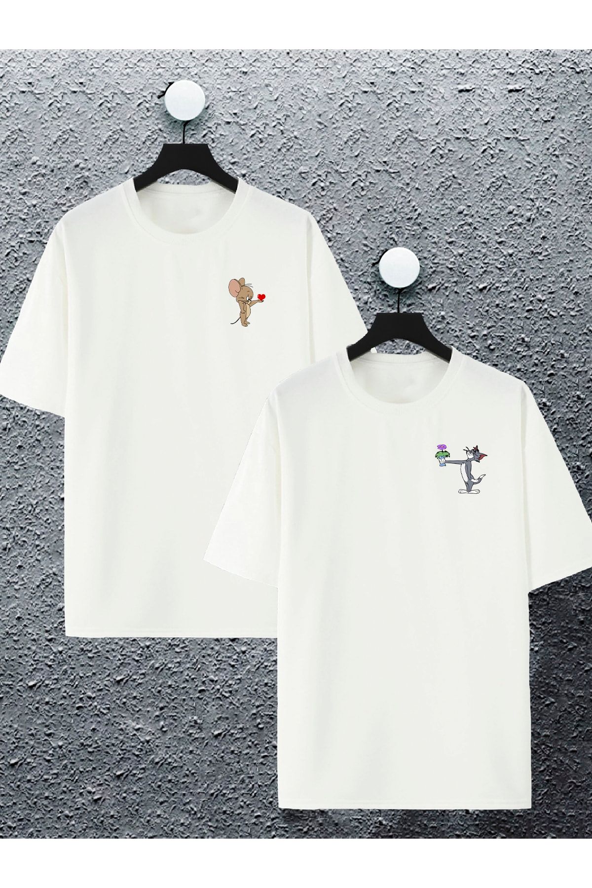 macklin Unisex Kadın Erkek Çiçekli Tom Ve Jerry Baskılı Sevgili Çift Kombini Tasarım Oversize Tshirt 2'li