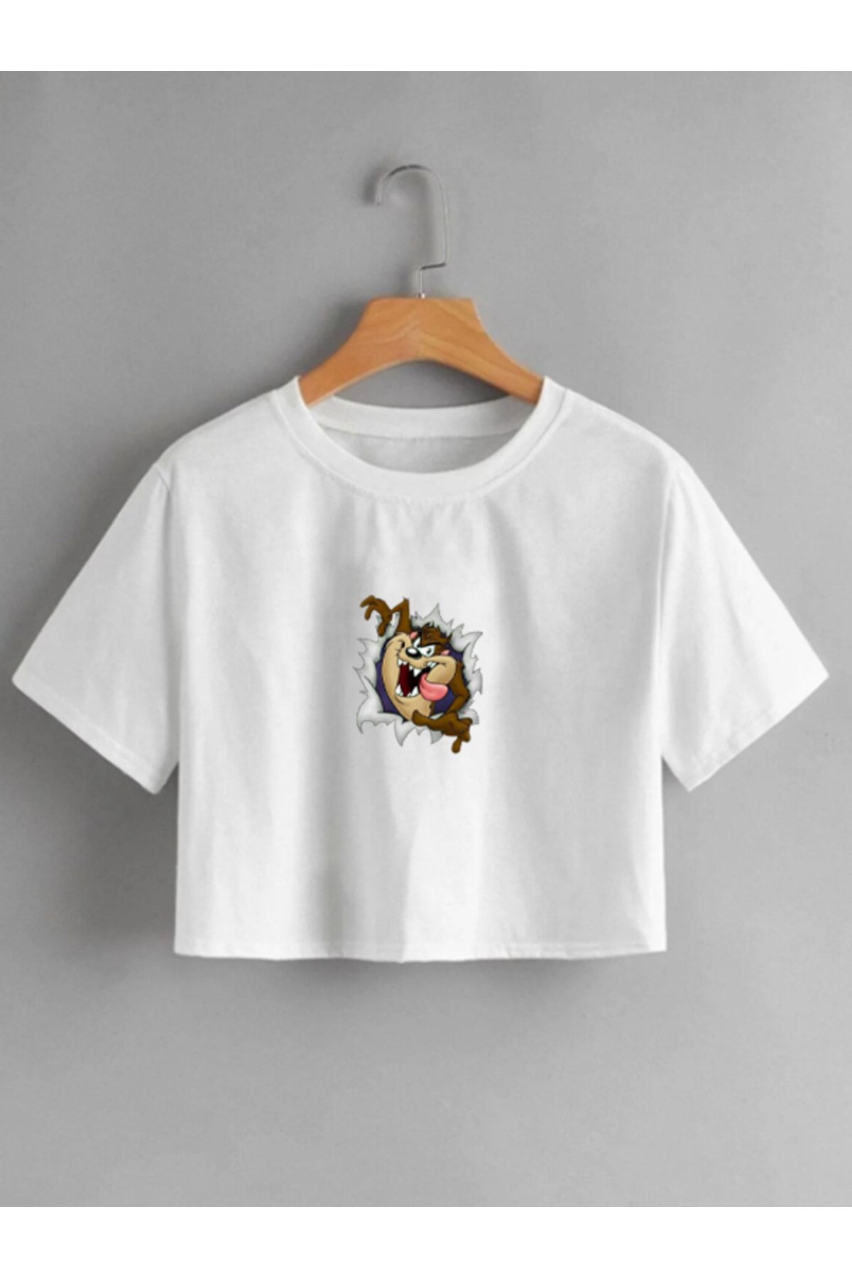 Genel Markalar Kadın Beyaz Tazmanya Canavarı Baskılı Crop Tshirt