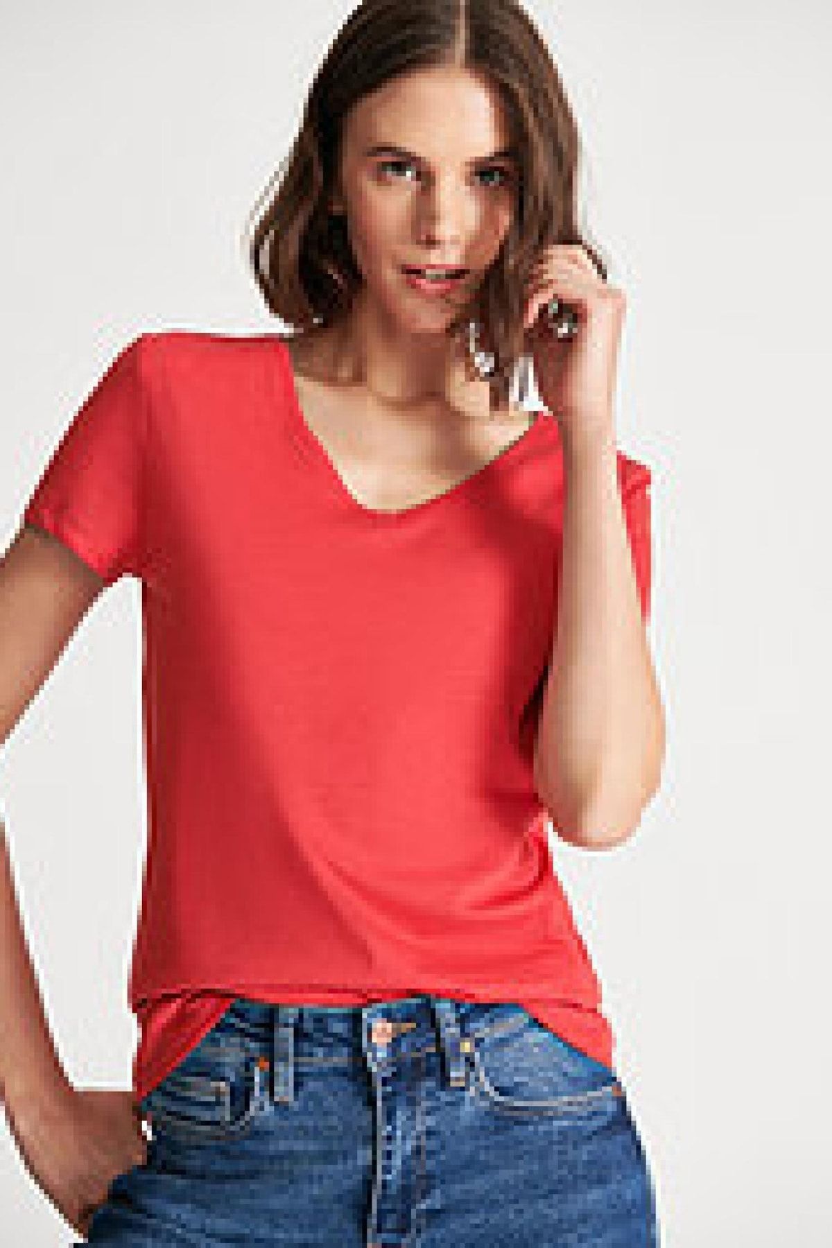 Mavi M168260-30734 Kadın Basıc V Yaka Penye Açık Kırmızı T-shirt