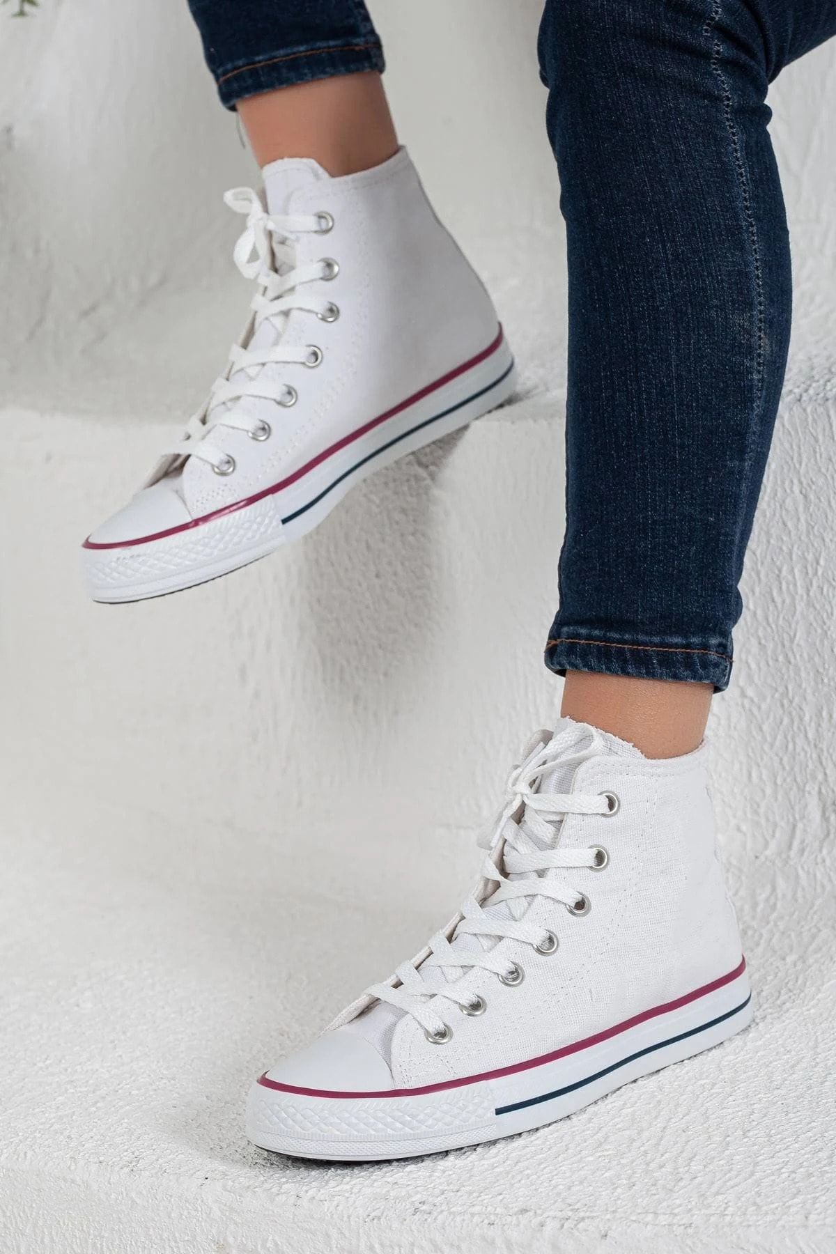 Prego Erkek Sneaker Bilekli Convers Modeli Keten Spor Ayakkabı Beyaz