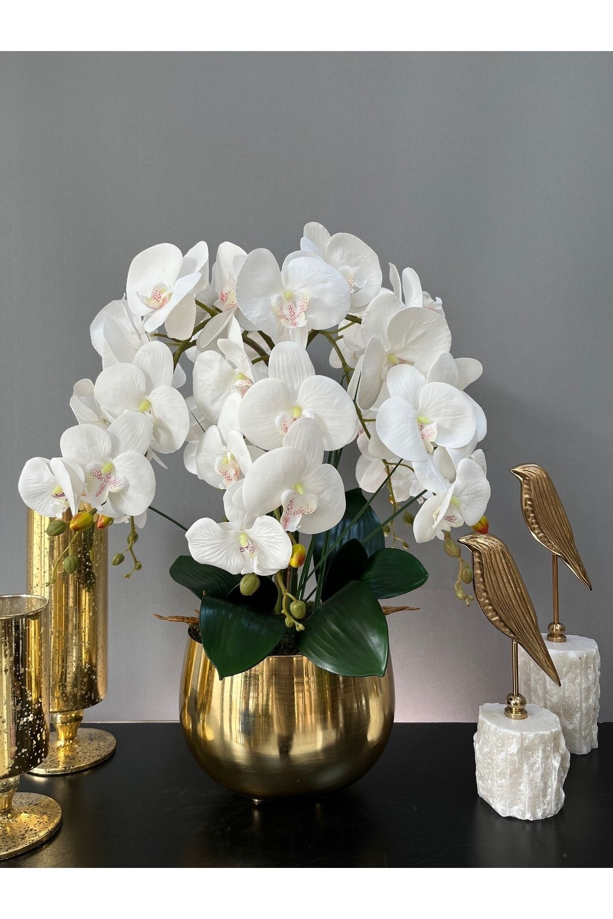 LİLOTEHOME Yapay Luxury Orkide 5 Dal Islak Beyaz Japon Model Gold Renk Saksı
