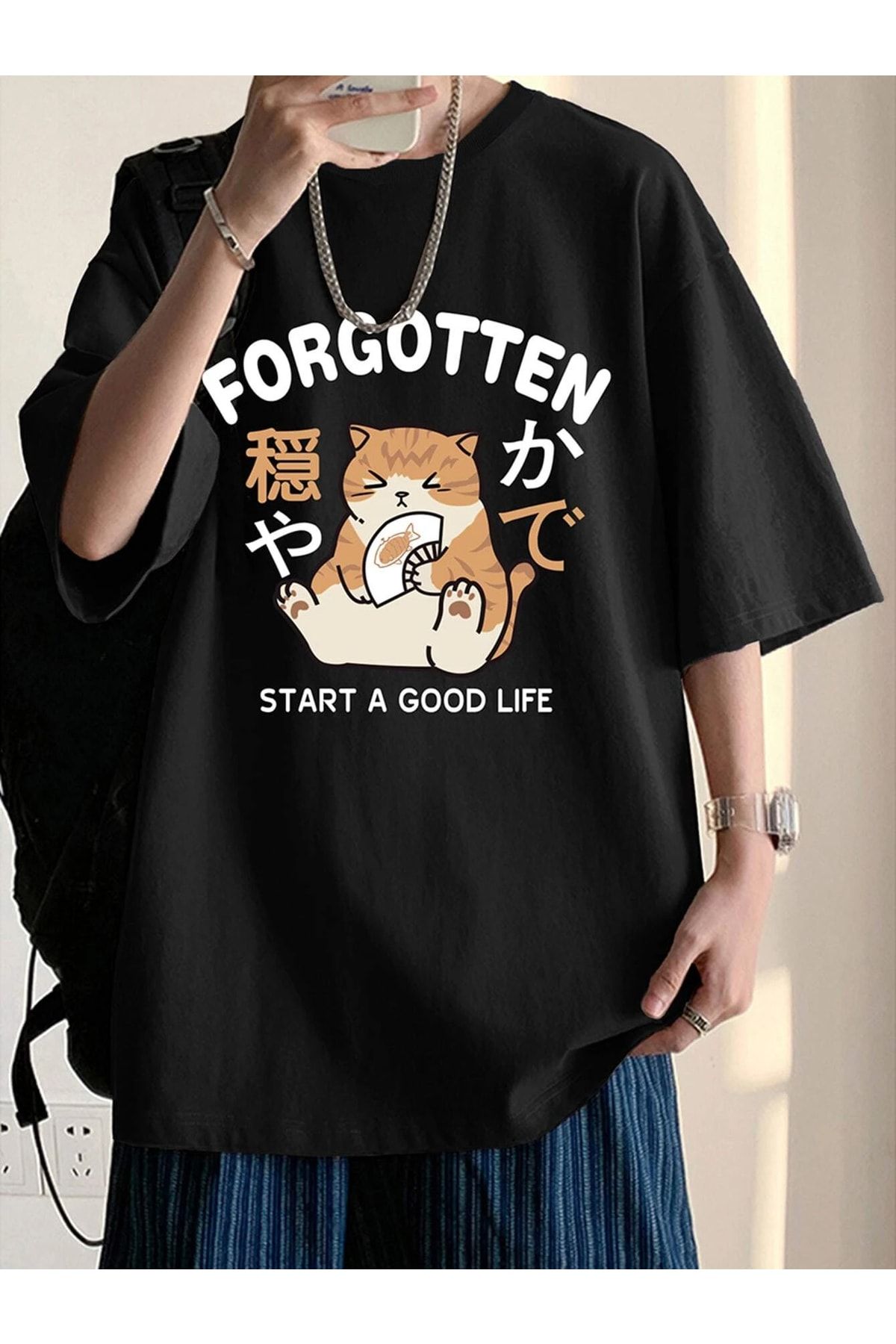 MODARİCH Forgotten Kedi T-shirt -siyah, Baskılı, Bisiklet Yaka, Oversize, Kısa Kol, Boyfriend, Bol
