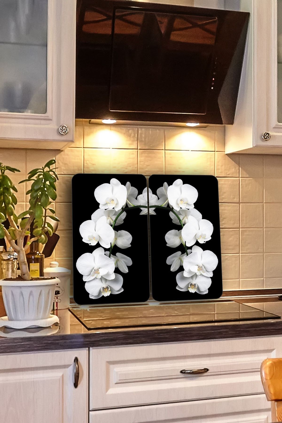 Saban Dekoratif Cam Ocak Koruyucu ve Kesim Tahtası Beyaz Orkide 60cm X 52cm 2 Parça, 4'lü Ocaklar