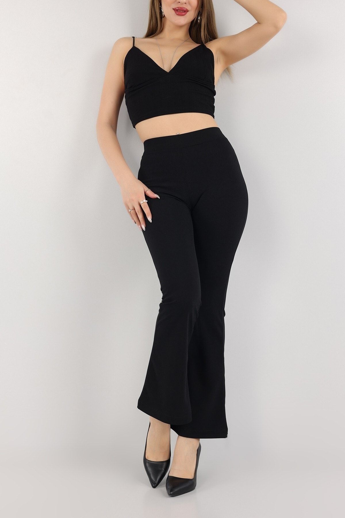 KaSheHa Siyah Krep Kumaş Likralı Yüksek Bel Toparlayıcı Ispanyol Paça Tayt Pantolon 100 Cm