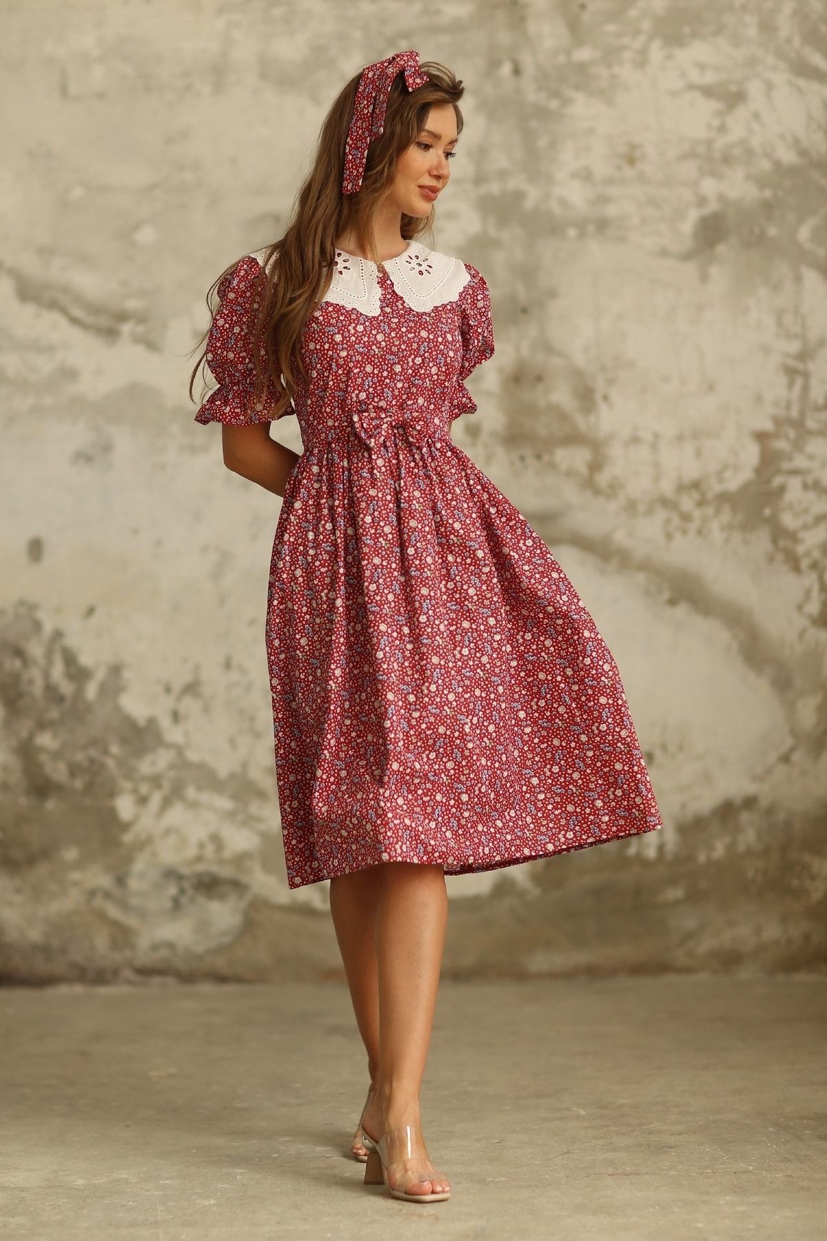 KÜÇÜĞÜM BUTİK Vintage Fisto Yakalı Bordo Çiçekli Poplin Elbise
