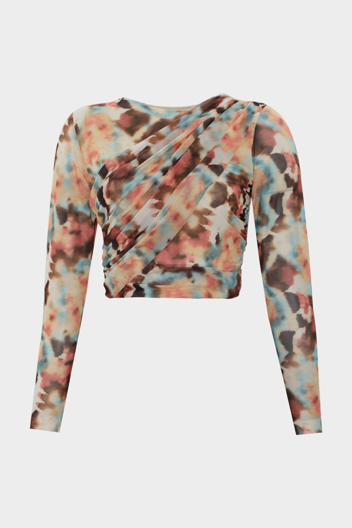 Açelya Okcu Batik Desenli Drape Detaylı Crop Tül Bluz