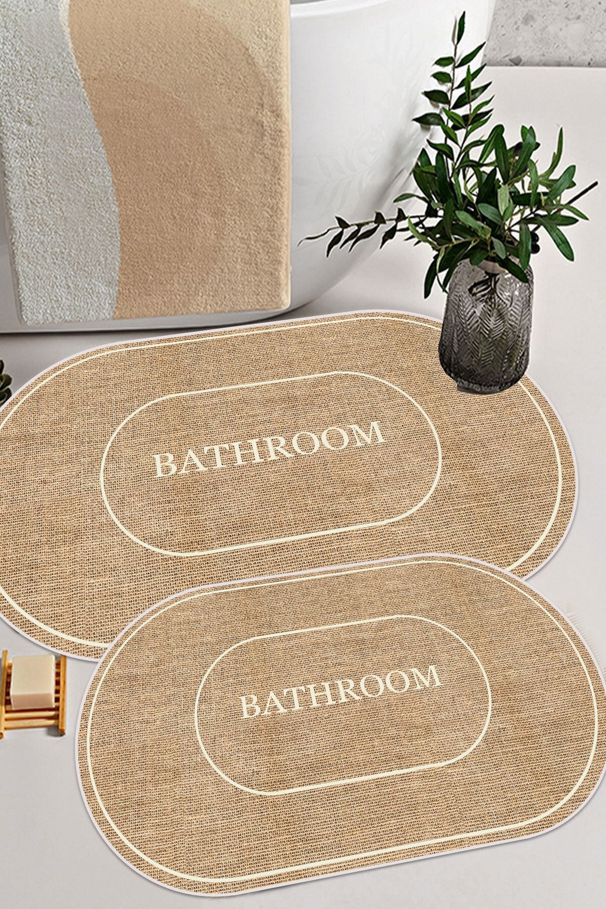 Decomia Home Dijital Kaymaz Yıkanabilir Jüt Görünümlü Bath Modern Banyo Paspası Banyo Halısı Klozet Takımı