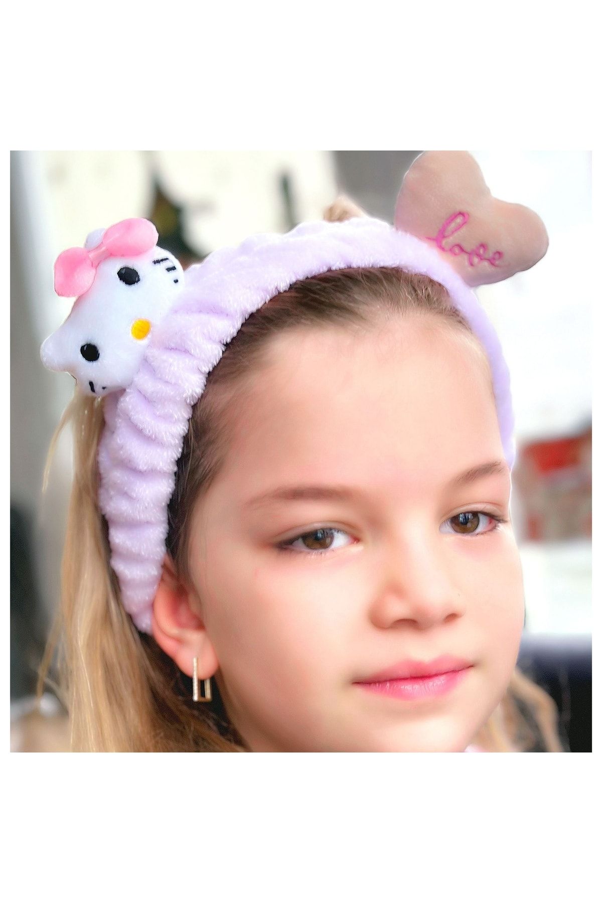 QUEEN AKSESUAR Moda Peluş Oyuncak Hello Kitty Kedi 3d Bebek Çocuk Kadın Bandana Saç Bantı Lastikli Lila Mor