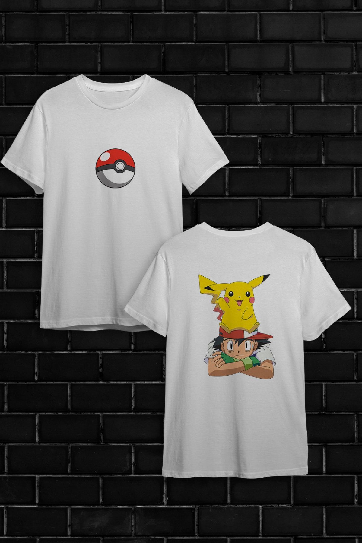 Tutankamon Pikaçu Pikachu Ve Ash Pokemon Anime Özel Tasarım Baskılı Oversize Bol Kalıp T-shirt Tişört