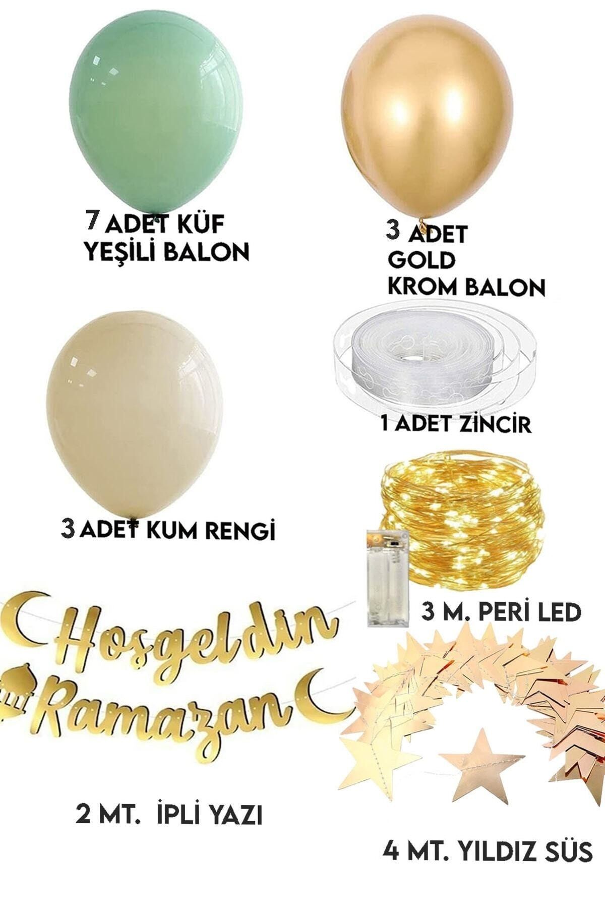 Hoşgeldin Ramazan Gold Yazı Ledli Zincir Balon Seti 11 Ayın Sultanı Ramazan Bayramı Oda Süsleme Seti_1