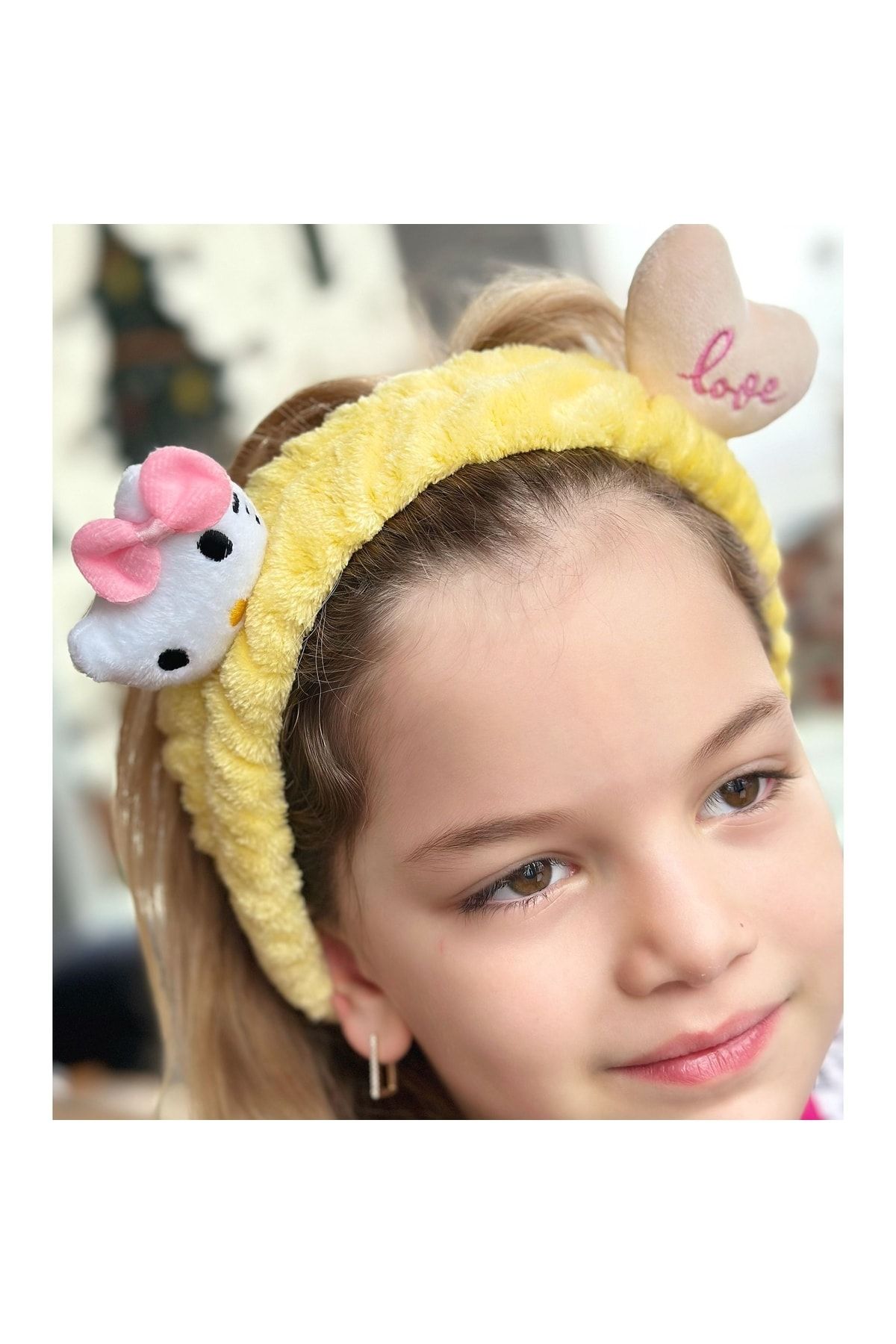 QUEEN AKSESUAR Moda Peluş Oyuncak Hello Kitty Kedi 3d Bebek Çocuk Kadın Bandana Saç Bantı Lastikli Sarı