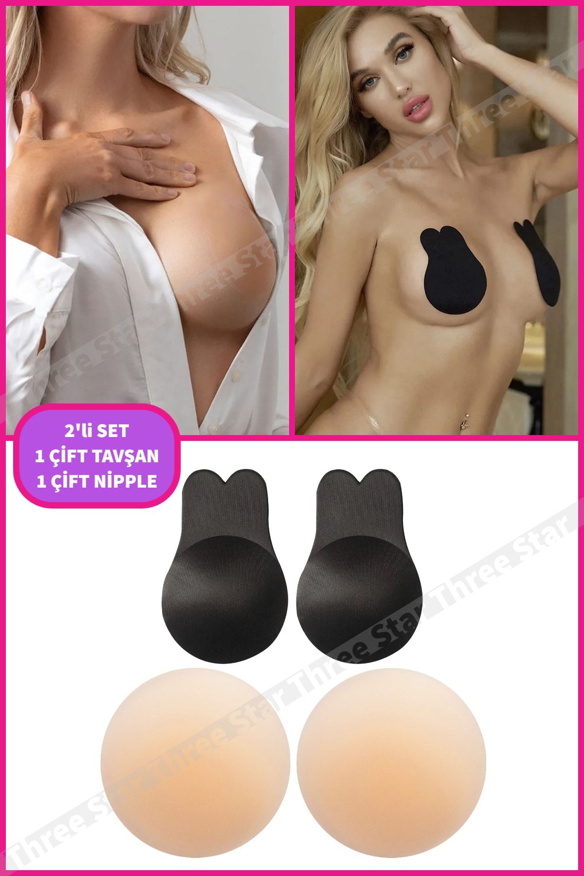 Three Star 2li Set Nipple Pad Ve Siyah Renk Kelebek Sütyen Yapışkanlı Göğüs Ucu Kapatıcı Dolgunlaştırıcı Sütyen