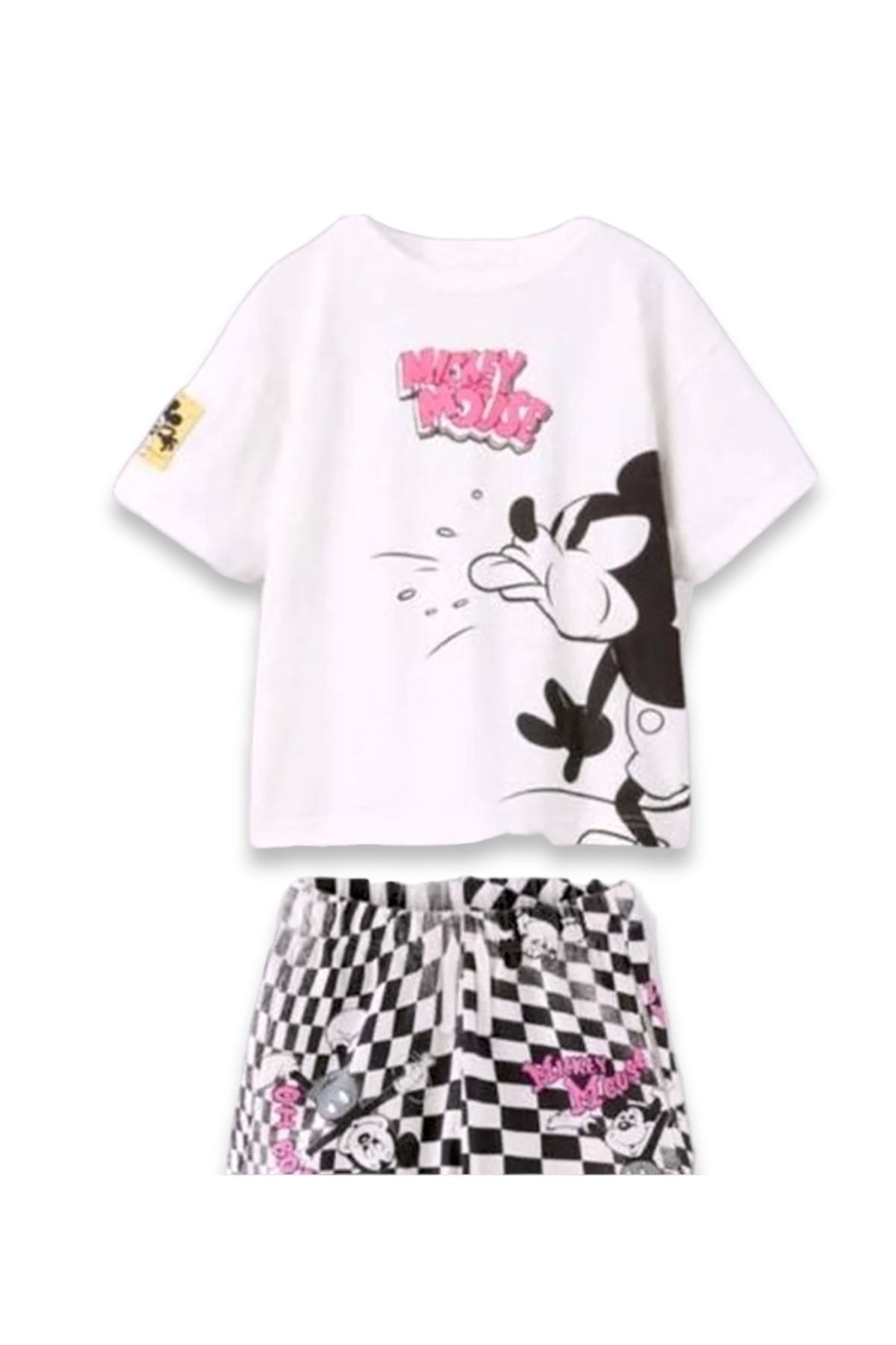 Lolliboomkids Kız Erkek Çocuk Siyah Beyaz Pembe Damalı Mickey Mouse T-shirt Şort Takım