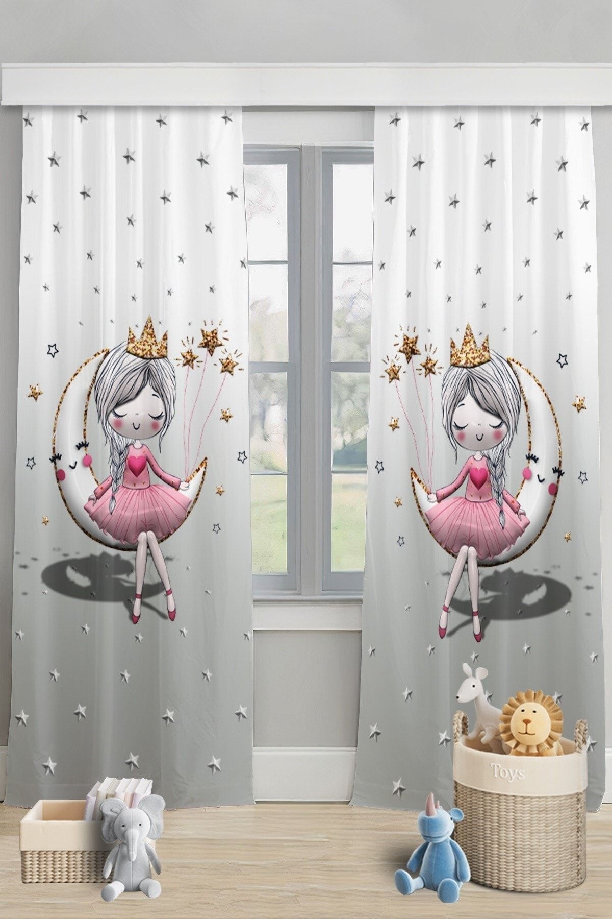 Evpanya 3 Boyutlu Gri Ayda Oturan Prenses Desenli Çocuk & Bebek Odası Fon Perde (tek Kanat Fiyatlandırma)