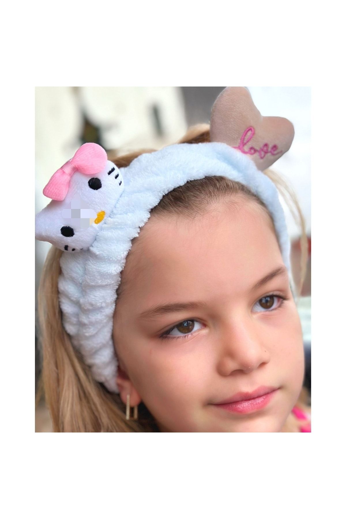 QUEEN AKSESUAR Moda Peluş Oyuncak Hello Kitty Kedi 3d Bebek Çocuk Kadın Makyaj Bandana Saç Bantı Lastikli Mavi